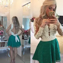 Langarm 2016 Neue Ankunfts-schatz Coctail Kleider Perlen Taste Perlen vestidos de fiesta weiß Grün Spitze Abendkleid