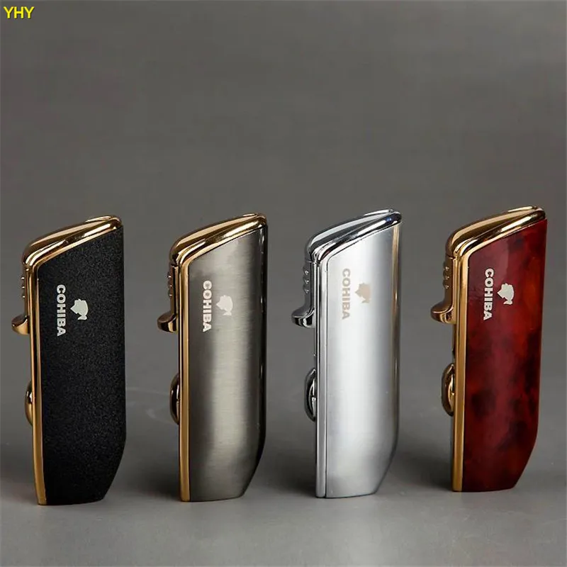 New Arrival Wholesale COHIBA Accessories Pocket Quality Metal Snake Mouth Shape Butane Gas Windproof 3 Torch Jet Flame Lighter W Punch08