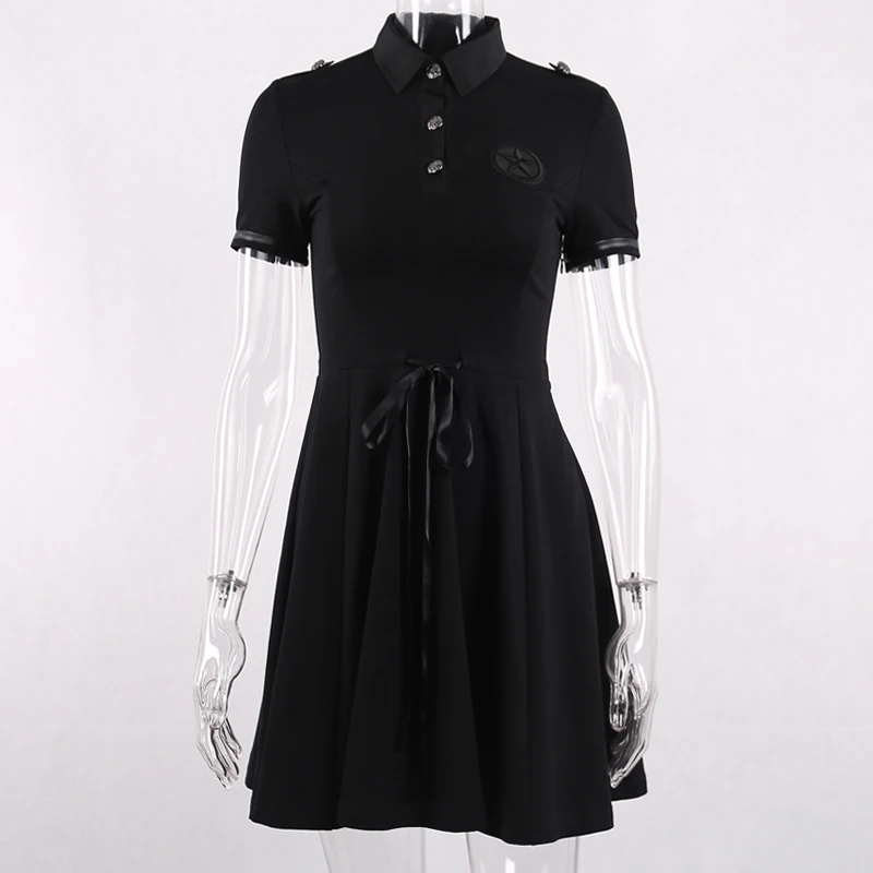 

Front Button Turndown Embroidery Ribbon Drawstring High Waist Elegant Slim Sexy Gothic Black Mini Dress Vintage Pleated A-Line
