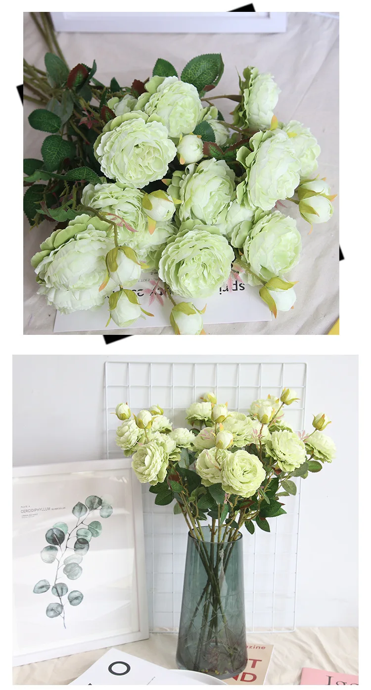 JAROWN European Rose 3 Head Peony Simulation Silk Flower Wedding DIY Accessories Home Decoration Flowers (9)