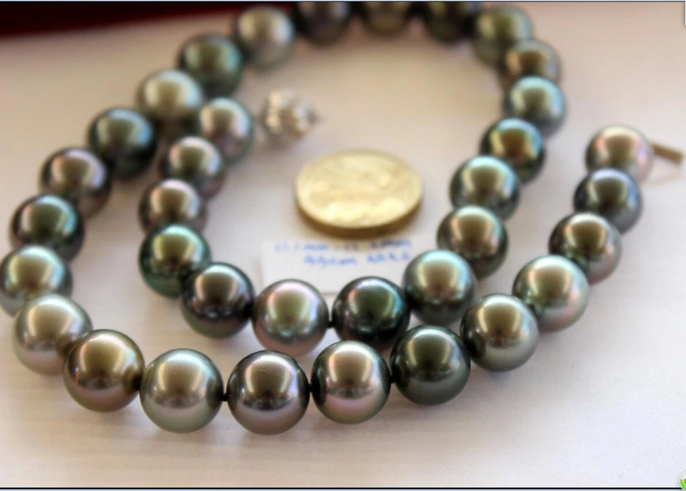 stunning10-11mm tahitian peacock green pearl necklace 18inch
