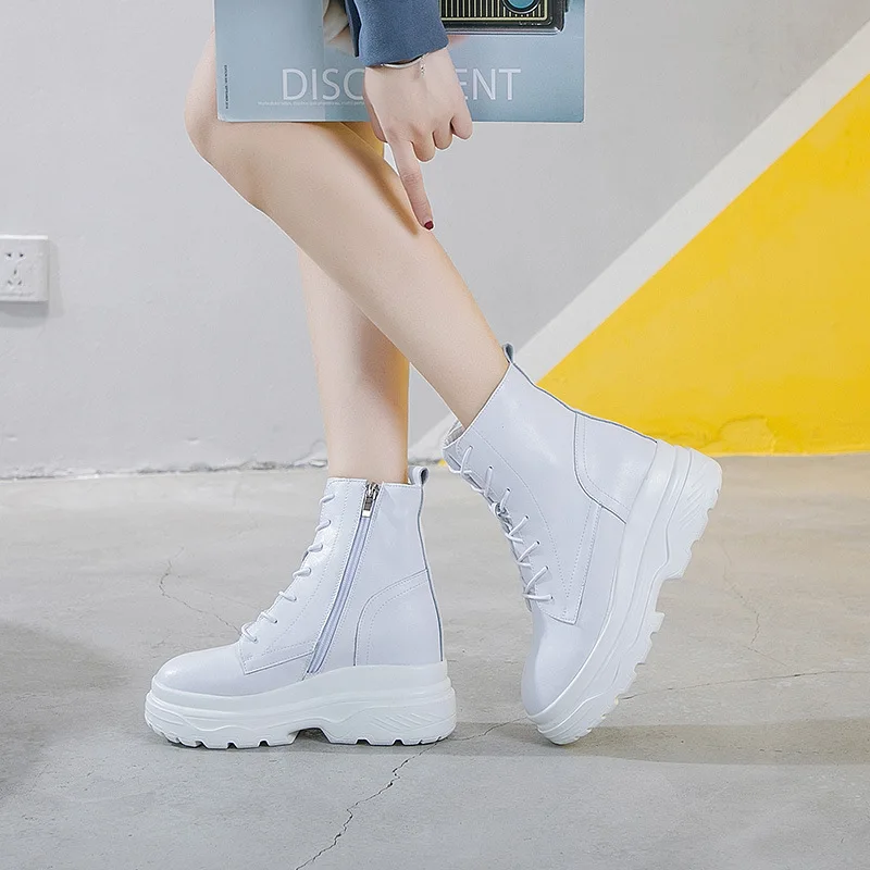 Cena SWYIVY Genine skórzane buty damskie buty na co dzień ciepłe 2019 zimowe damskie botki buty damskie wysokie góry zwiększone butki na śnieg