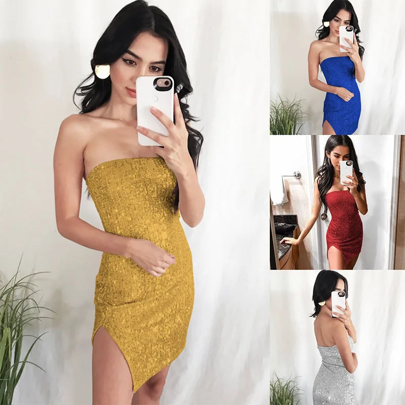 

Hot Sale New Women Sexy Strapless Dresses Fashion Sequined Short Dress Split Evening Party Dress Backless Plus Size S-XXL