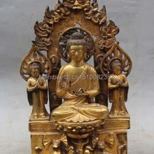 1" Китайский Бронзовый Золотой Свинка Сиденья Лотоса Шакьямуни Будда Амитабха Статуя льва