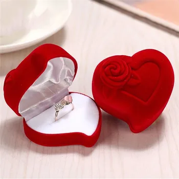 

Pinksee Classic Red Heart Shaped Ring Boxes Cute Velvet Rose Pattern Love Ring Storage Display for Bridal Jewelry Packaging
