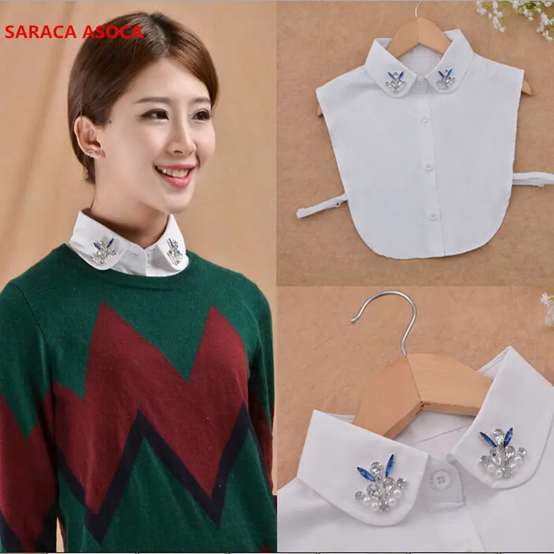 Vintage Fashion White Color False Collar Ladies All Match Solid Diamond