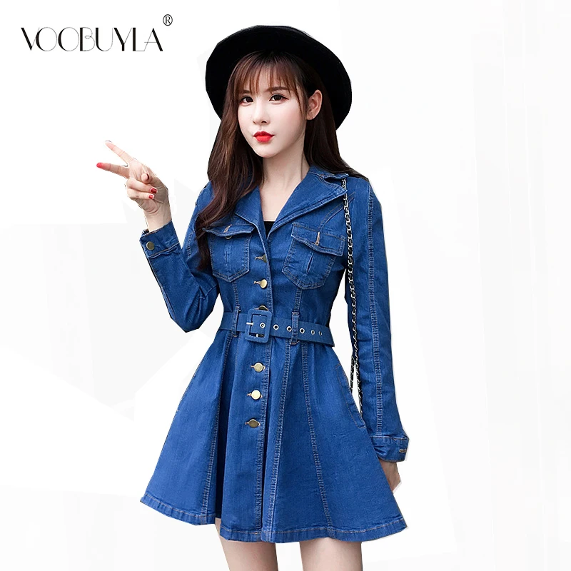 

Voobuyla Autumn Turn-down Collar Denim Dress Women Elegant Sashes Short Blue Jeans Dresses Casual Holiday Ladies Beach Dress