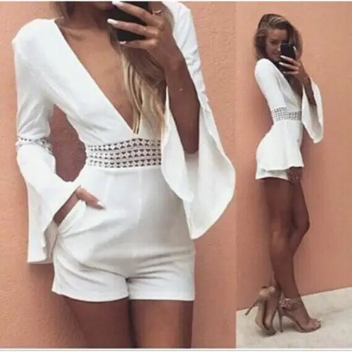 Пикантные Для женщин комбинезон рукав фонарик выдалбливать короткий Bodycon