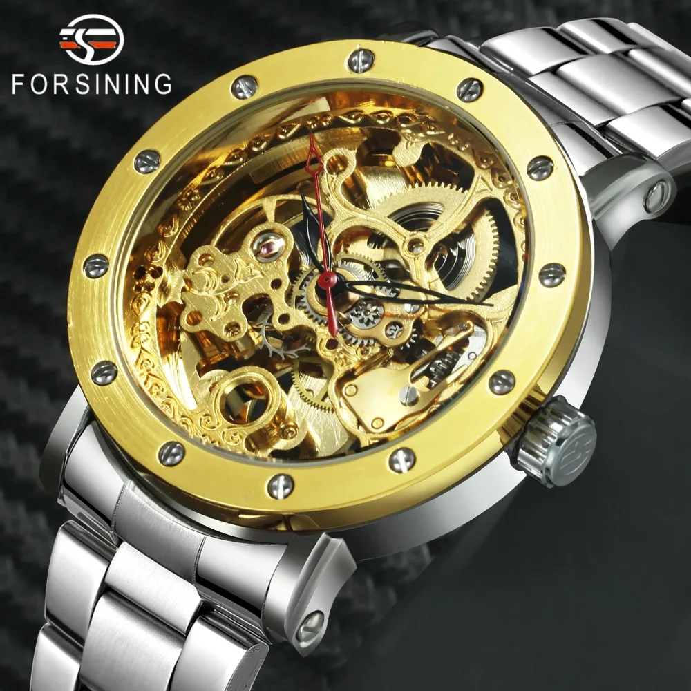 

FORSINING 2019 Steampunk Fashion Auto Mechanical Watch Men Stainless Steel Strap Golden Skeleton Mens Watches Top Brand Luxury