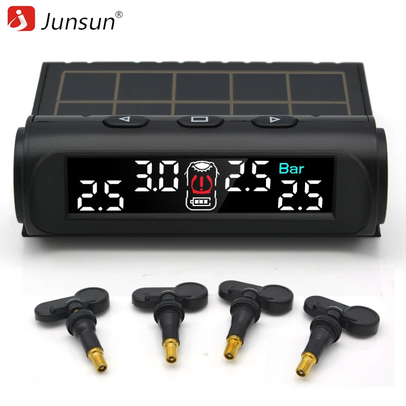 

Junsun Car TPMS Tire Pressure Monitoring System Solar Charging VA HD Digital LCD Display Auto Alarm System Wireless With Sensor