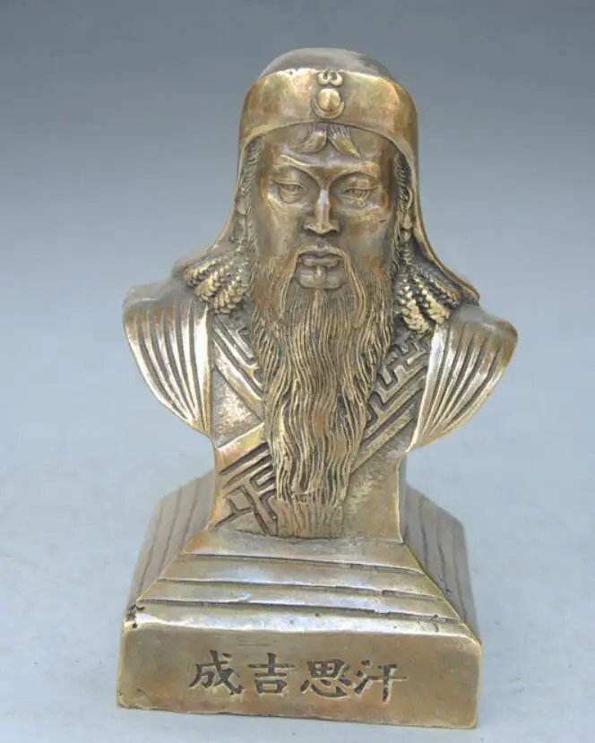 

China Pure Brass Genghis Khan Bust Statue Carved Auspicious Flowers