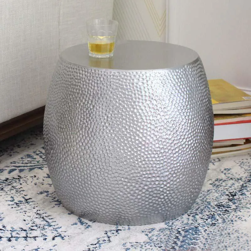Silver Color Fiberglass Coffee Table Living Room Art Round Drum End Table Modern Leisure Side Table