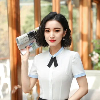 

Elegant Shirts With Tie Summer Women Blouses & Shirts For Ladies Office Fashion Patchwork Blouse Female Tops Clothes Plus Size