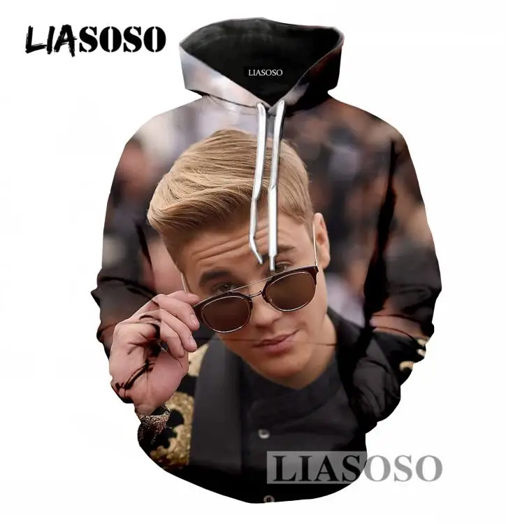 LIASOSO Popular Men/Women Hoodies Casual Long Sleeve Sweatshirt 3D Print Singer Justin Bieber Pullover Hoodies Loose Hooded T696