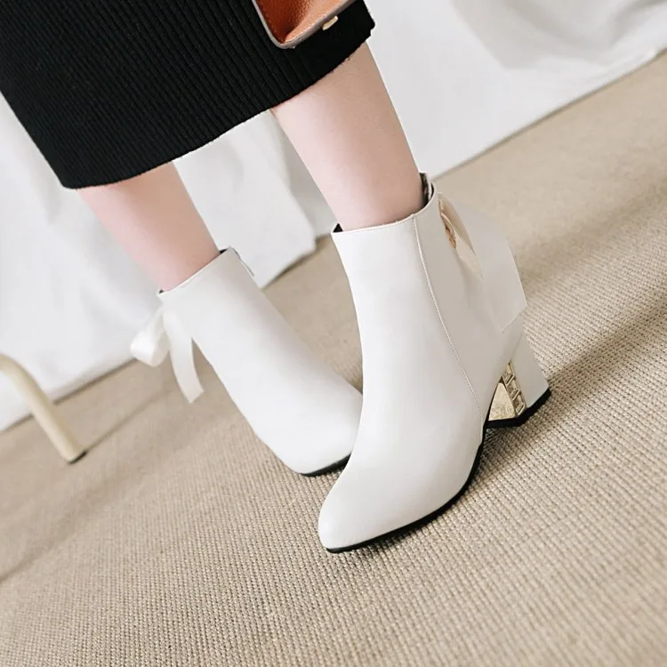 

Big Size 11 12 13 14 15 16 17 Fashion boots with pointed thick heel and high heel metal decorative ribbon side zipper