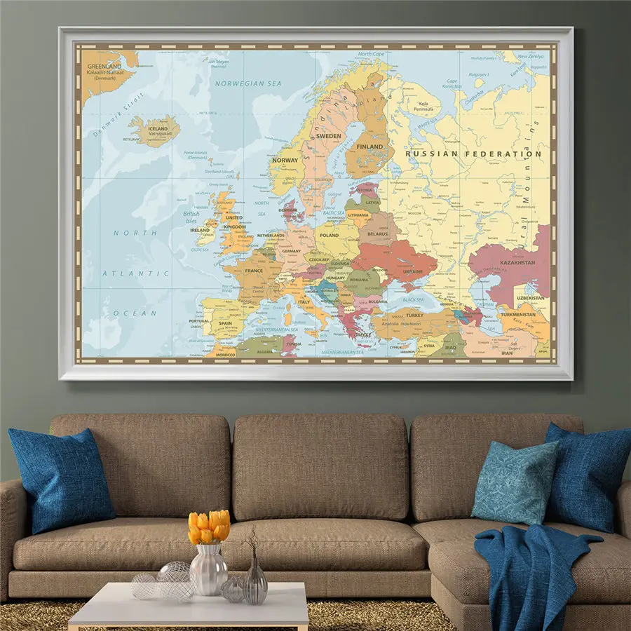 

Europe Map Colorful Canvas Wall Sticker Home Decor Locate Poster hotels, restaurants and attractions Print Painting