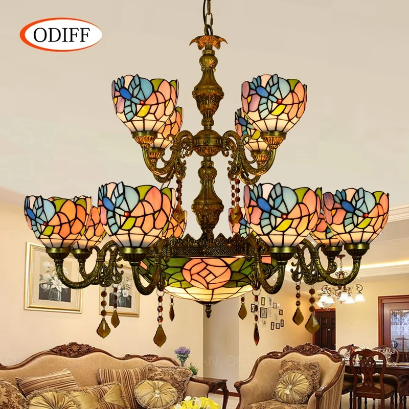 

ODIFF European Retro stained glass 12 head Hotel living room villa Bar Double-deck Crystal Birdie rose Pendant Lights 110-240V