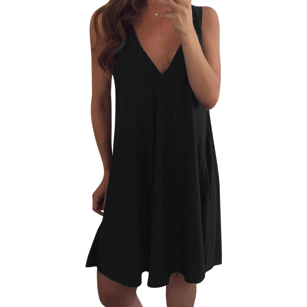 

Fashion Solid V-Neck Mini Dress Women Sleeveless Summer Dress Ladies Party Dress Vetement Femme 2019