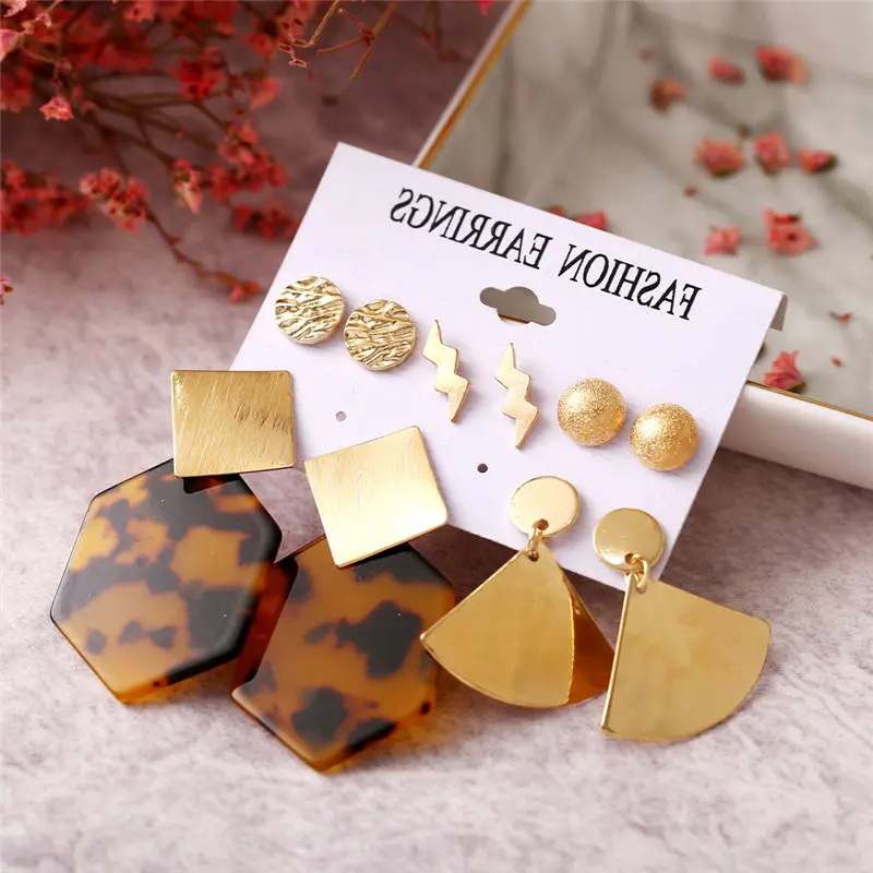 

2019 New Fashion Creative Metal Sheets Geometric Earrings Acrylic Leopard Print Big Earrings vintage earrings set 5 pairs
