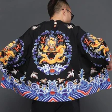 Chinese Costume Dragon Robe Cardigan Shirt Men 3/4 Sleeve Loose Casual Summer Tops