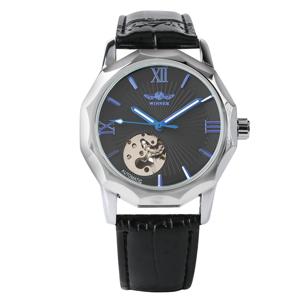 

Men's Watch Automatic Mechanical Wristwatch Business Skeleton Silver Case Black Genuine Leather Strap Mechanical Watch