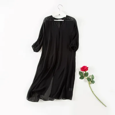 Women Long blouse REAL silk blouse Black White Transparent Half sleeved Chiffon shirt Top Fall