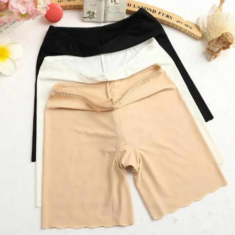 

Ice silk seamless safety pants female summer anti-light insurance boxer three points shorts large size (black + white + skin)