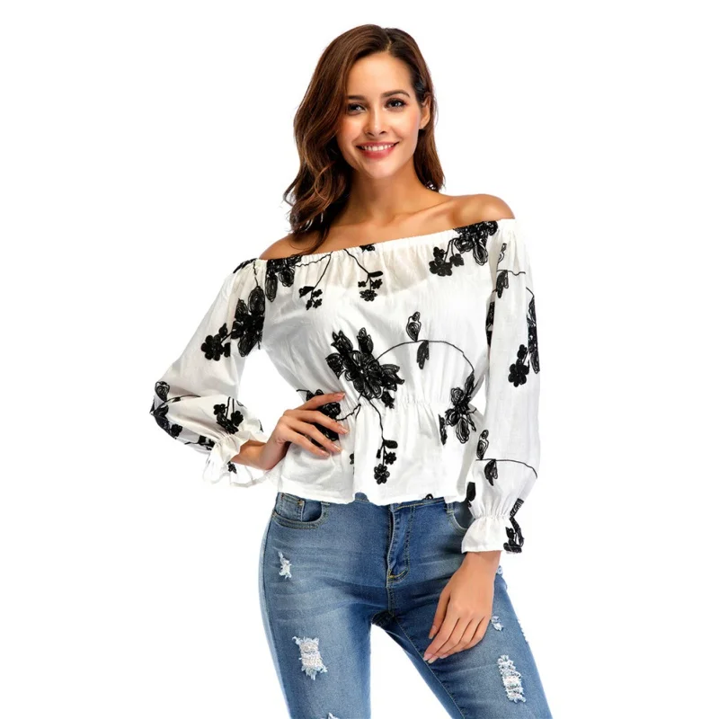 Off Shoulder Flower Printed Womens Tops And Blouses Fashion Slash Neck