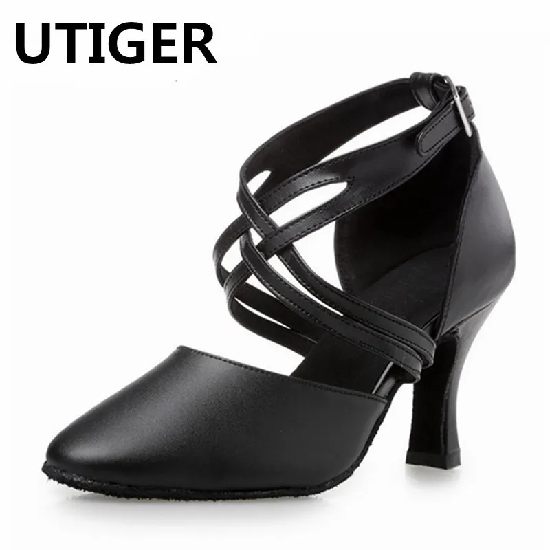

Women's Latin Dance Shoes Genuine Leather Salsa Ballroom Dancing Shoes high Heel 5CM 6CM 8CM Black lady dance shoes WD264