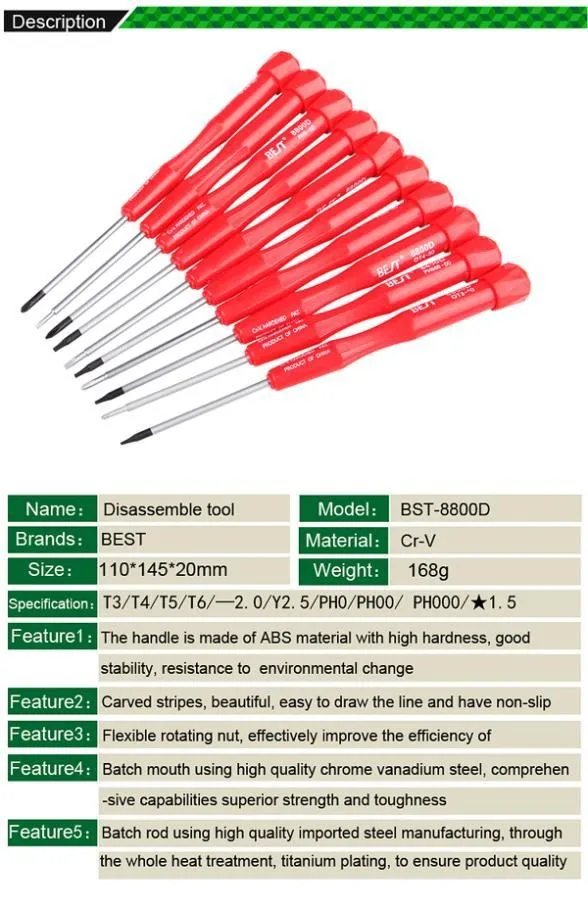 BEST-8800D 10 в 1 многоцелевые прецизионные отвертки набор инструментов для обслуживания мобильного телефона T3 T4 T5 T6