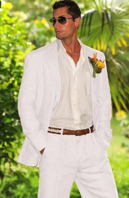 Летний Пляжный белый льняной мужской костюм, смокинг для жениха, Женихи, мужской свадебный Блейзер, костюмы для мужчин, стильный комплект из 2 предметов(пиджак+ брюки - Цвет: as the image