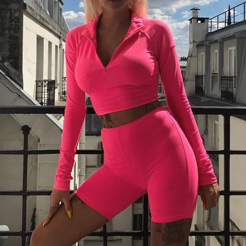 

Women's Fluorescent Fitness Sexy 2pcs Set Long Sleeve high neck solid slim sportswear Cami Tops + High Waist shorts lady female