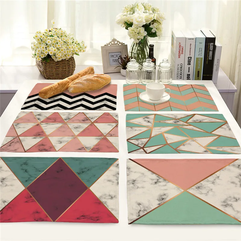 

1Pcs Marble Geometric Pattern Kitchen Placemat Dining Table Mat Drink Coaster Cotton Linen Pad Cup Mat 42*32cm Home Decor MG0047