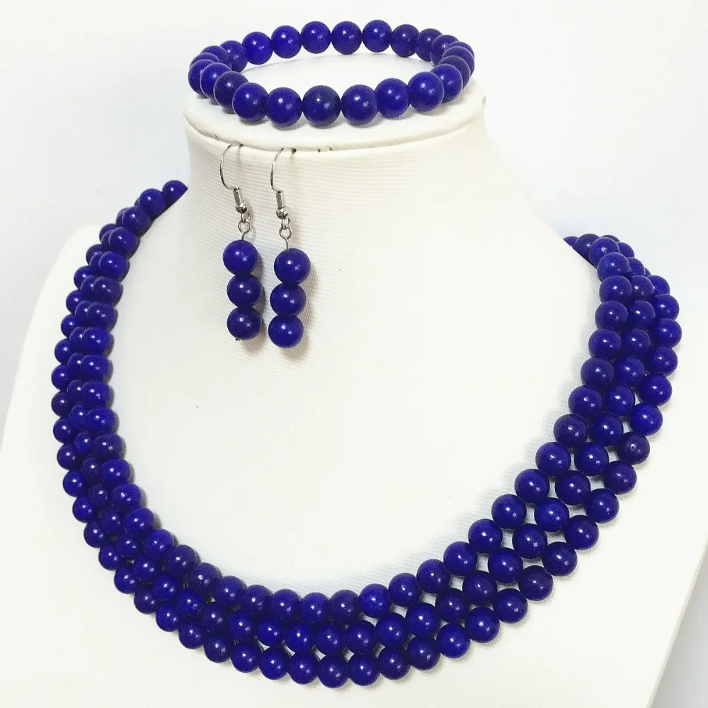 Trendy blue lapis lazuli 8mm new round beads elegant 3 rows necklace bracelet earring best gift jewelry set 17-19inch B1516 | Украшения и