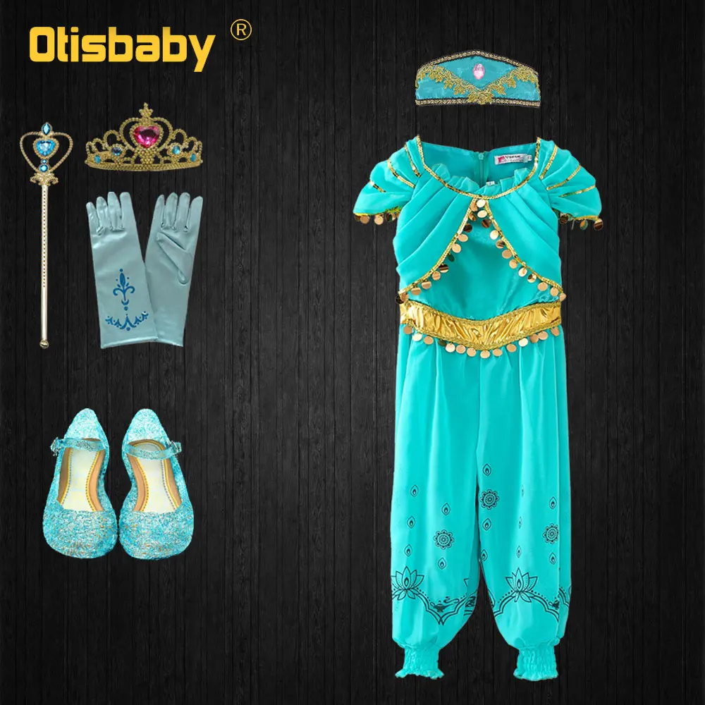 Нарядное платье цвета жасмин для девочек, Детский костюм на Хэллоуин, расшитый блестками, жасмин, карнавальный костюм, парик, детские костюмы в арабском стиле, комбинезон - Цвет: G