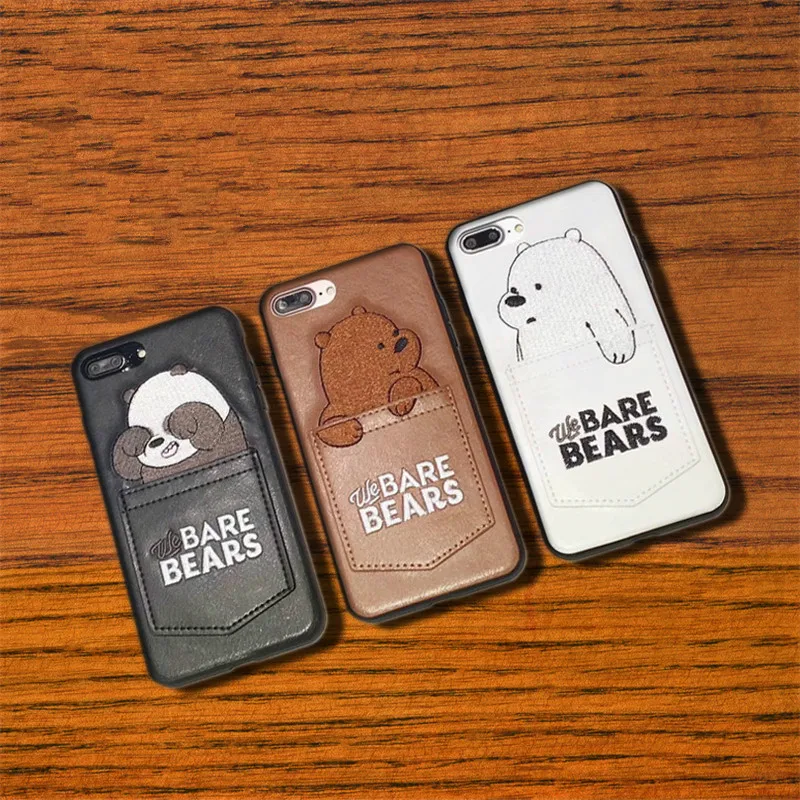 

3D Cartoon Embroidery Leather Case for iPhone X 7 7Plus 8 8Plus 6 6s Plus Cute Pocket Bare Bears Back Cover Brown black white