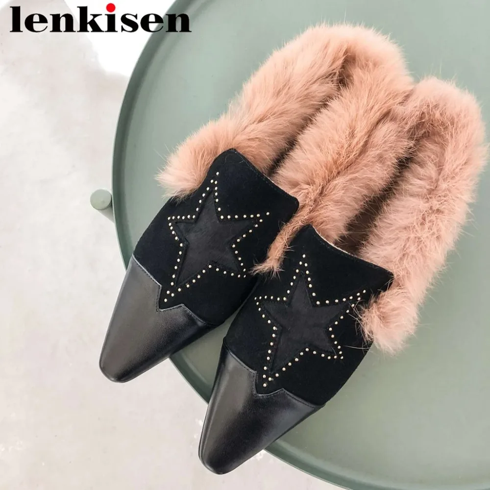 

British style vintage square toe natural leather low heels warmful rabbit fur Hollywood movie stars slip on leisure pumps L22