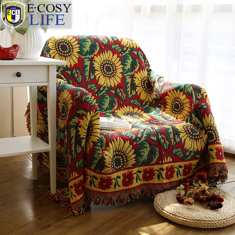

Yellow Knitted Vintage Sunflower Cotton Fringed Blanket For Winter Bed Sofa Throw Picnic , Flower Warm Cotton Knitted Blanket