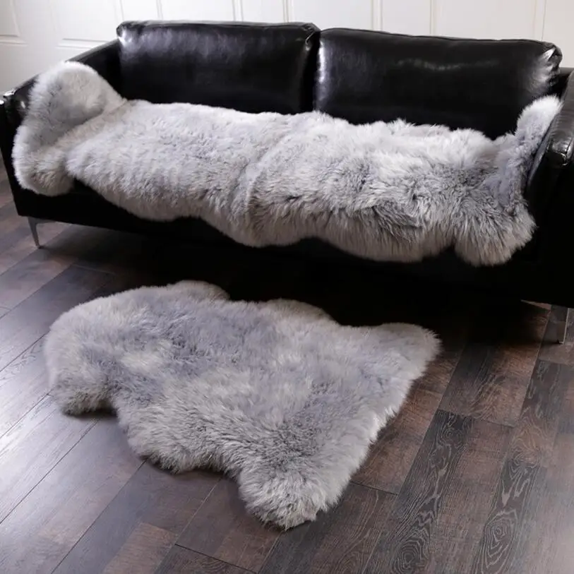 Grey Artificial Faux Sheepskin Sofa Carpet Skin Fur Plain long Fluffy