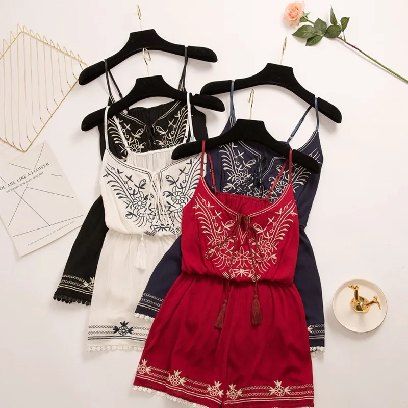 

2019 Summer Rompers Womens Jumpsuit Embroidery Short Playsuits Deep V-Neck Sling Female Bodysuits Shorts
