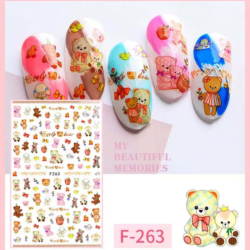 

1 Sheet Colorful Teddy bear Pattern Nail Art Sticker Adhesive Words 3D DIY Accessory Animal Decals Nail Wraps Decorations Tips