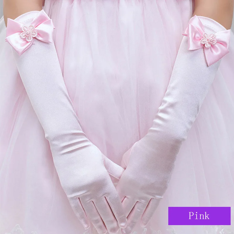 Elastic Girls Formal Etiquette Gloves Flower Satin Bow Pearl Long Lace Bow Gloves Children Princess Dance Kids Gift G65 girls formal gloves
