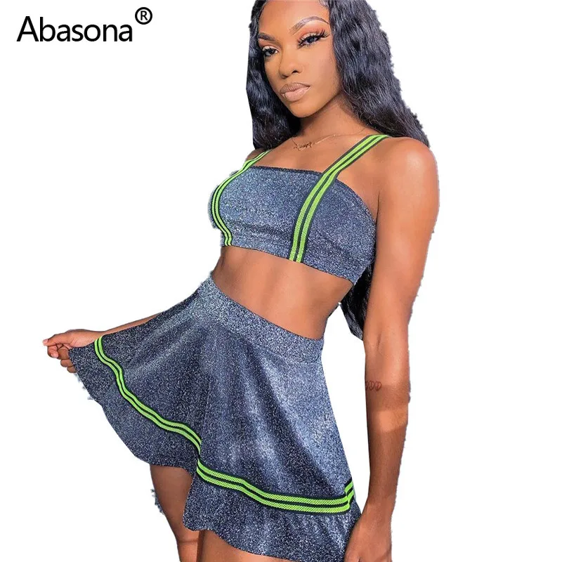 

2019 Solid Striped Spaghetti Strap Crop Top Big Swing Mini Skirts Suit Two Piece Set Beach Fashion Dress for Party and Club
