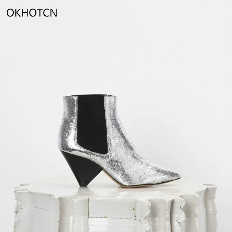 

Luxury Silver Red White Leather Ankle Boots For Women Chic Pointed Toe High Spike Heel Winter Shoes Woman Slip On Zapatos Mujer