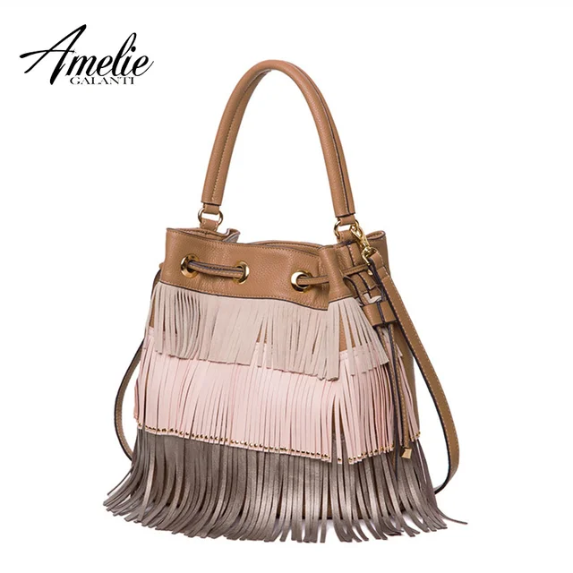 AMELIE GALATI Women's Bag Retro Fashion Bucket with Multi-color Tassel String Women Shoulder Bags Soft PU Leather Crossbody Bags
