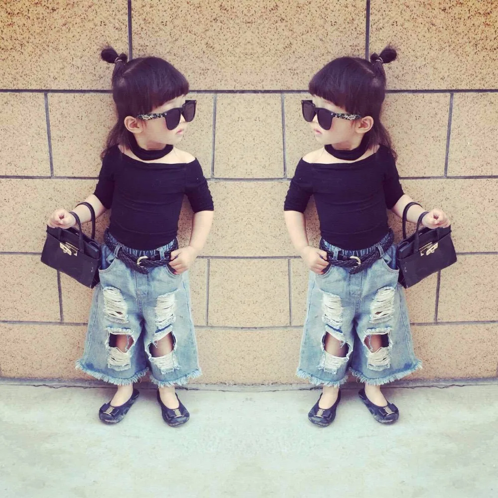 Vestiti delle ragazze Set Estate di Modo Impostato Per La Neonata T Shirt \u0026 Jeans  strappati Foro Pantaloni Con Cintura Per I Bambini Abbigliamento Drop  Shipping|girl clothes set|clothes setsummer set - AliExpress