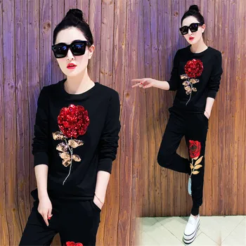 

2019 spring Women Suit Rose Trousers Suit With Sequins 2 Piece Set Women's Tracksuits Pullover Female Set Clothing Plus Size 3XL