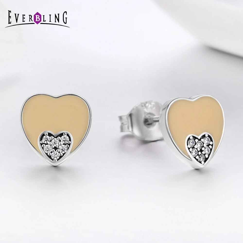 Everbling weet Сердце CZ Эмаль серьги 100% 925 пробы Серебряный Шарм бусы Подходит