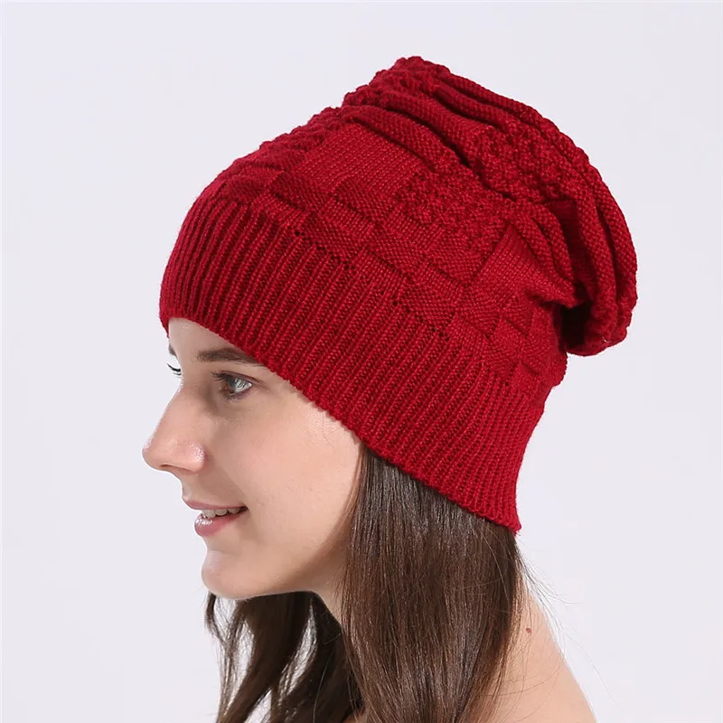 INDJXND пары 6 цветов вязаные шапки мятая вязаная шапка шерстяная шапка чистого цвета мужские женские теплые шапки зимние повседневные шапочки - Цвет: M186 Red