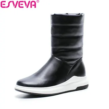 

ESVEVA 2018 Women Boots Med Heels Short Plush Slip on Mid-calf Boots Round Toe Out Door Fashion Ladies Snow Boots Size 34-43